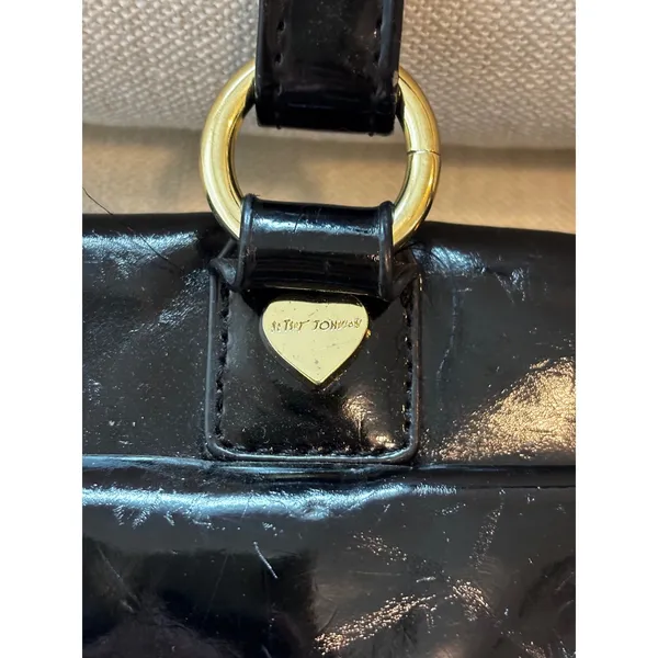Vintage Y2K Betsey‎ Johnson Satchel Bag Black Patent Bow Heart Padlock Rocker - Image 4