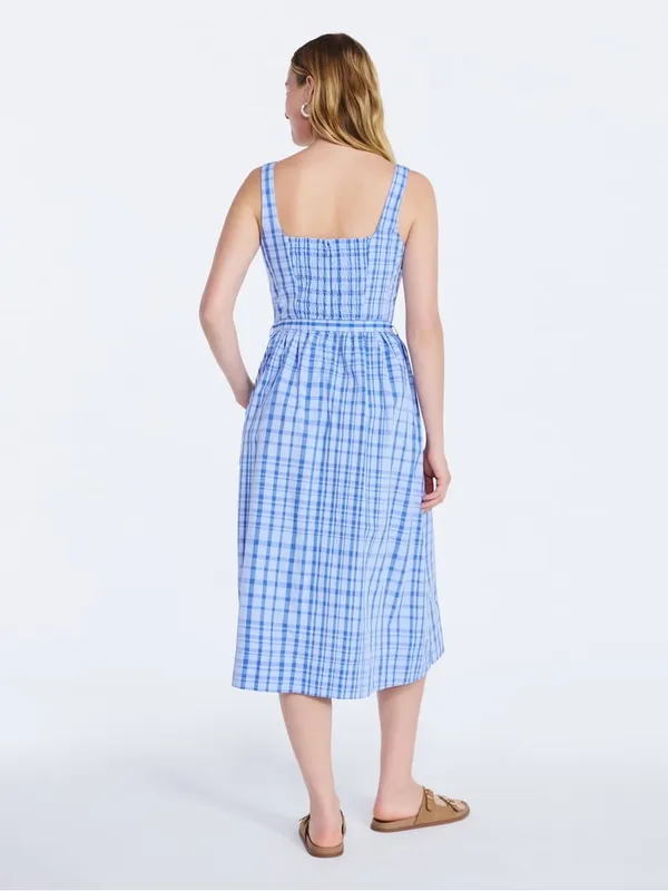 NWT Free Assembly Blue Plaid Square-Neck Midi Dress with Self-Tie Waist Size L - Image 2