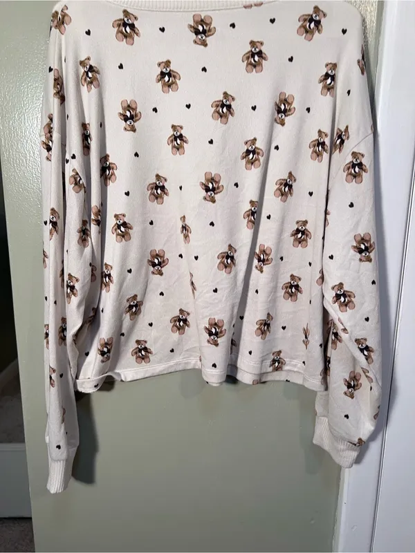 American Eagle Women’s Size Large Lounge Sweatshirt Beige Teddy Bear Print Heart - Image 10