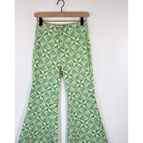 We The Free People Womens Jeans Green Youthquake Printed Crop Flare Boho Size 26 - Image 5