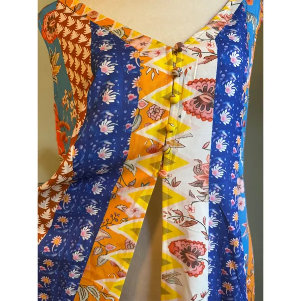 Patchwork Floral Print Maxi Dress coverup Sleeveless Blue Orange boho whimsigoth - Image 4