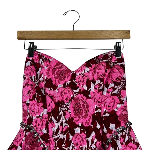 Zara Peplum Strapless Floral Jacquard Mini Dress Pink Rhinestone Party Size L - Image 2
