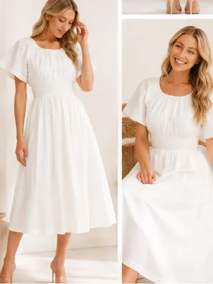 White Cotton Smocked Waist Maxi Dress with Pockets | Boutique NWT - Image 9