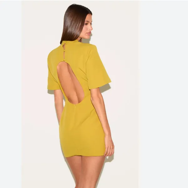 Pretty Little Thing NWT OLIVE WOVEN CINCHED BACKLESS MINI DRESS - Image 2