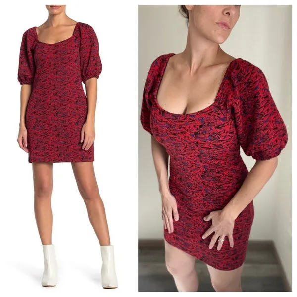 Free People Bodycon Dress Red Jacquard Balloon Sleeves Small Stretchy - Image 2