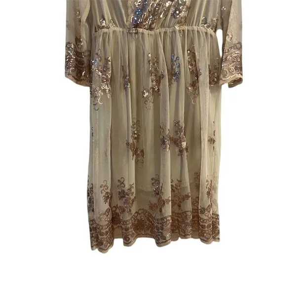 Rouge Women's M Beige Champagne V-Neck‎ Midi Dress with Rose Gold Sequins - Image 4