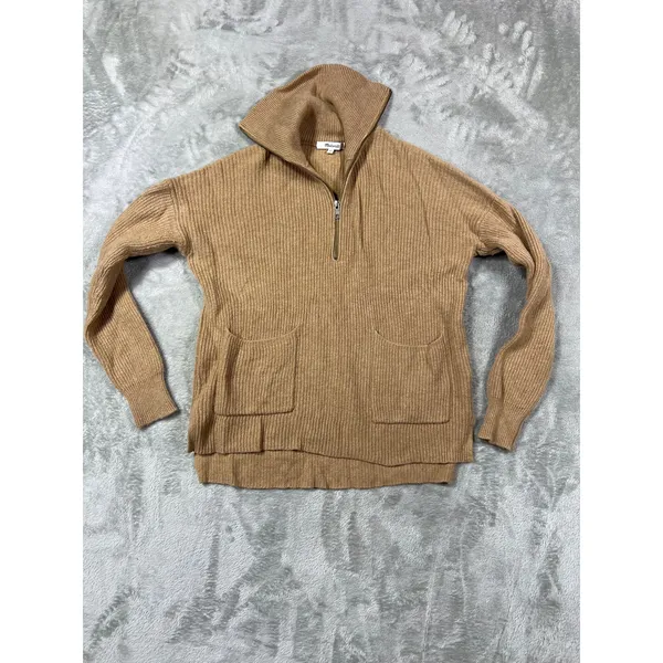 Madewell Merino Wool Sweater Quarter Zip Tan Ribbed XS Cozy Comfortable - Image 7