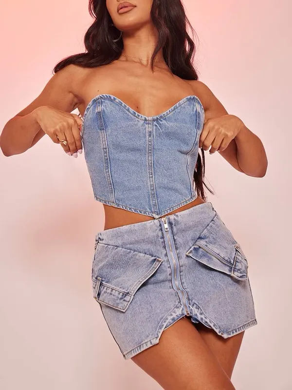 NWT PrettyLittleThing Petite Light Blue Wash Mini Pocket Front Denim Skirt Sz 2P - Image 3