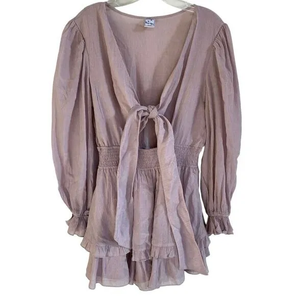 Angel Biba Mauve Ruffle Mini Romper Dress Long Balloon Sleeve Front‎ Tie Small - Image 6