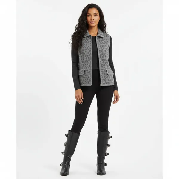 Lisa International Gray Sleeveless Animal Print Zip Up Wool Vest L - Image 9