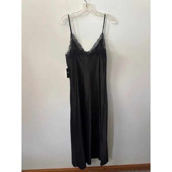 INC Black Silk Blend Lace Trim Slip Dress V-Neck Maxi Nightgown Slit Size XS NEW - Image 8