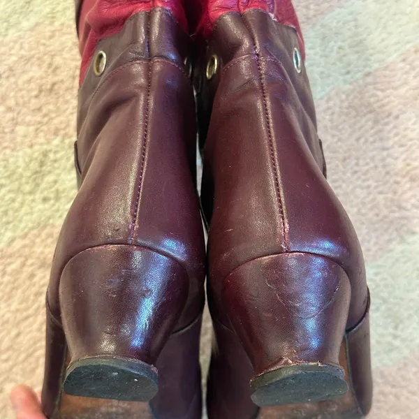 Vintage 80s Vita Mori Burgundy Geometric Western Revival Art‎ Deco Leather Boots - Image 6