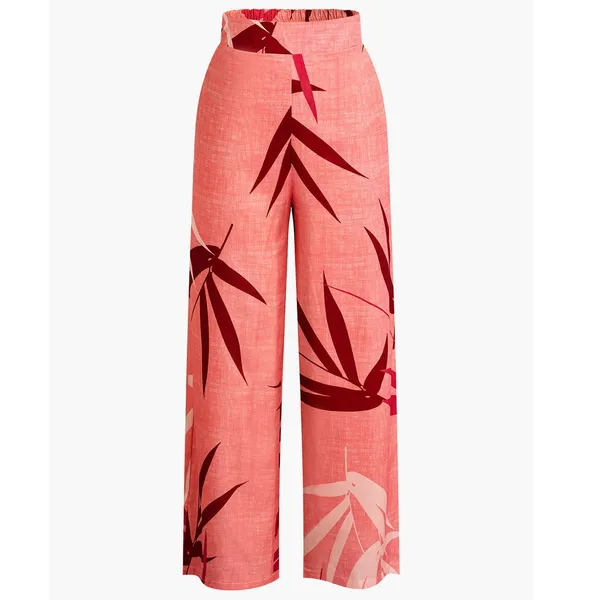 Micas Bamboo Leaf Print Knot Tropical Boho Resort Cami Top And Pants Set Pink XL - Image 6