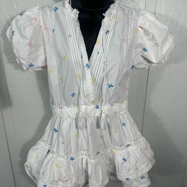 Mable White with Multi Colored Bows Puff Sleeve Lined Dress Size Small EUC - Image 3