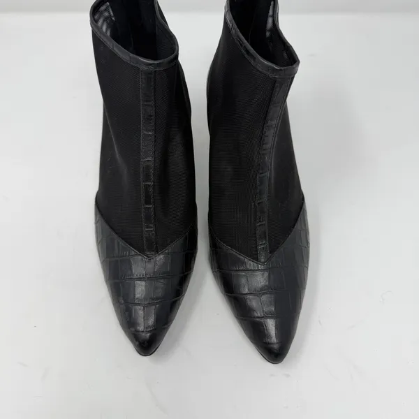 LOGO Croc Embossed Mesh Pointed Toe Block Heel Ankle Boot Black Women Size 6 - Image 5