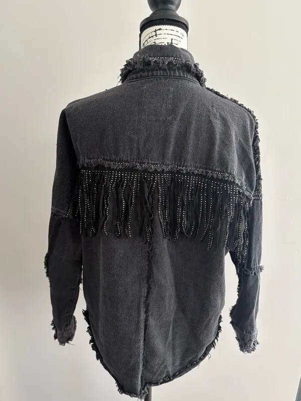 Zara Black Denim Rhinestone Fringe Oversized Jacket Size S - Image 2