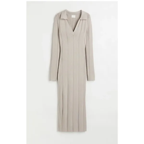H&M NWT Rib Knit Dress Women's M Beige Tan V Neck Collared Bodycon Midi - Image 2