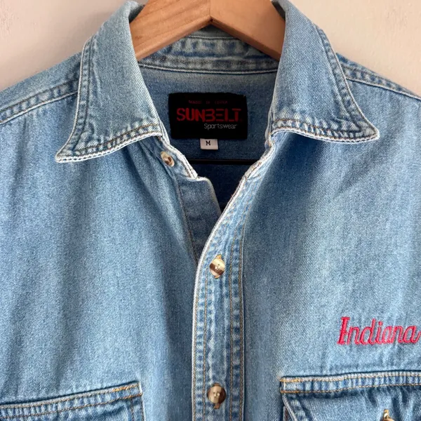 Vintage 90’s Sunbelt Sportswear Indiana University Button Down Denim Shirt Med - Image 5