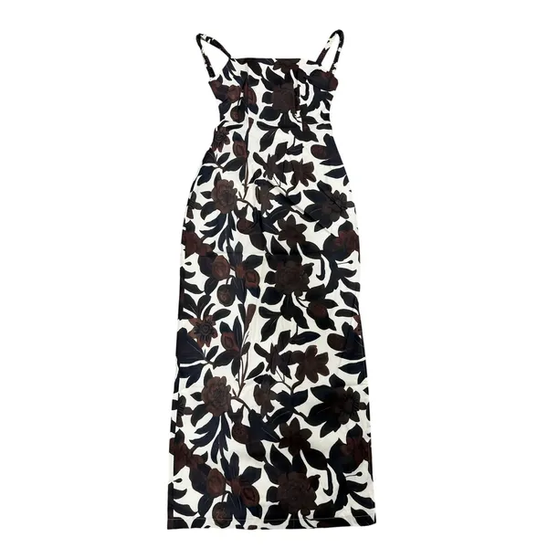 Commense Backless Elegant Print Split Zipper Romantic Maxi Dress XL Brown - Image 3