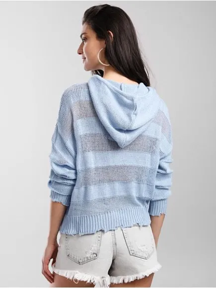 BKE Ribbed Open Weave Hooded Cropped Knit Sweater Kentucky Blue Size Large - Image 2