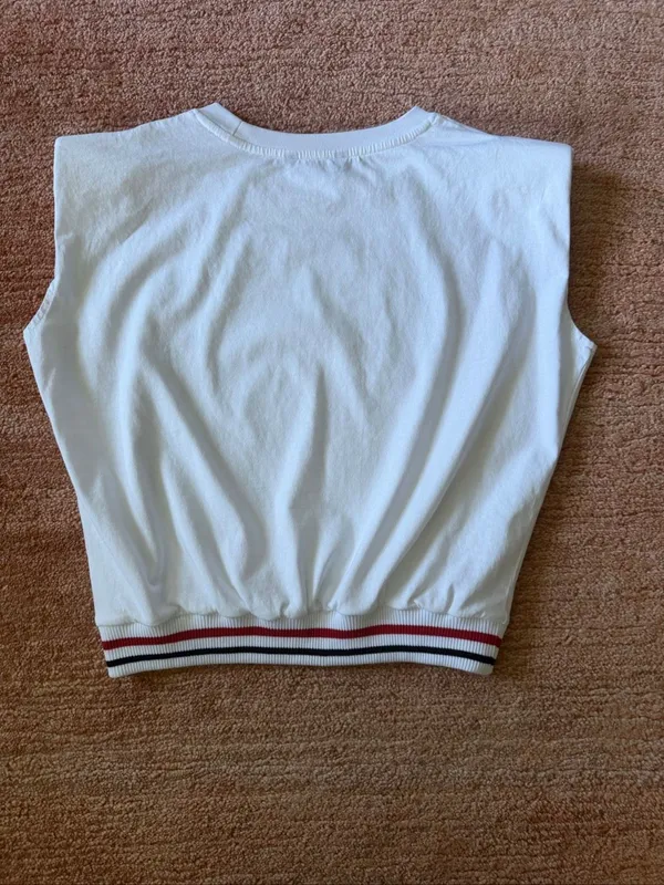 Micas White Sleeveless Graphic Cotton Top XS Striped Ribbed Hem - Image 6