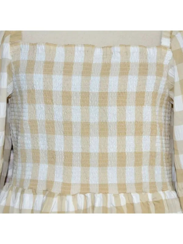 NWT Mud Pie Large Byerly Midi Dress Tan Gingham Plaid Smocked Cottagecore Ruffle - Image 3