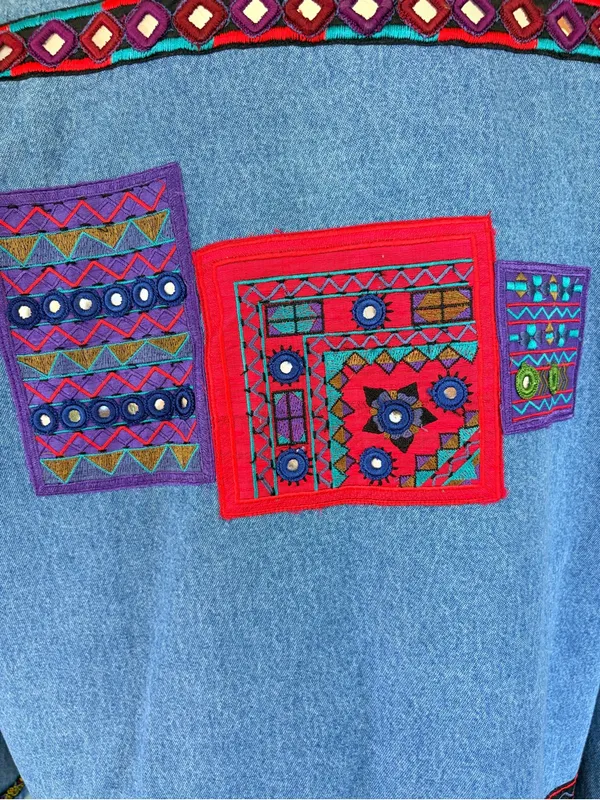 VTG Chico's‎ Design Beaded Mirror Denim Jacket Sz 3 L Boho Festival Cottagecore - Image 7