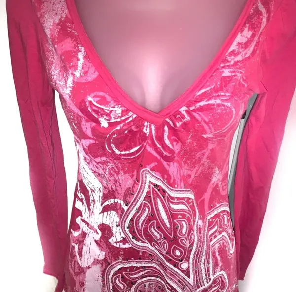 Y2K Anchor Blue Sequin Fleur de lis Long Sleeve Top Pink Small Fairy Grunge Punk - Image 4