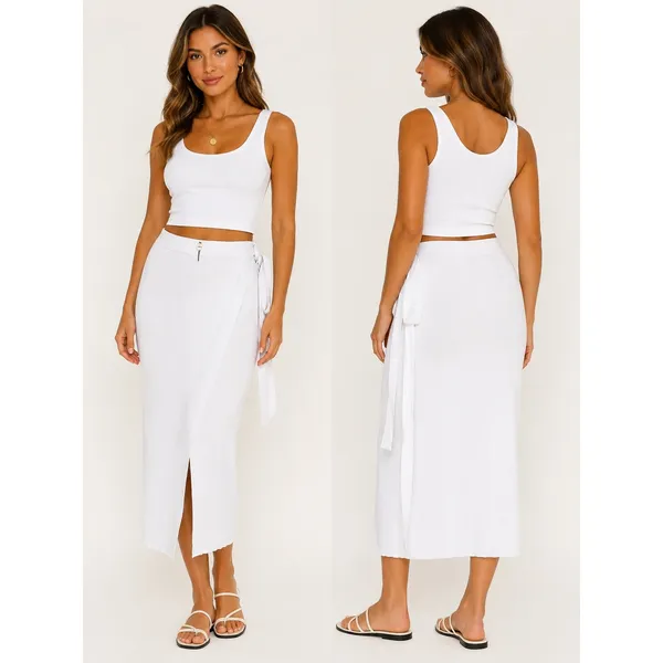 SNDYS Skirt Women Size S‎ White Wrap Midi Ribbed Knit Casual Summer SFK054 - Image 2