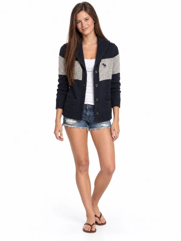 Abercrombie & Fitch Womens M Navy Gray Moose Shawl Collar Cardigan Sweater - Image 3