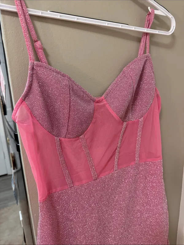 Y2K Pink Glitter Mesh Corset Style Bodycon Mini Dress Size Medium US 8-10 - Image 3