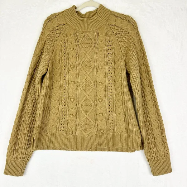 J Crew Women's Pom Pom Cable Knit Sweater Size Large Lambswool Blend Camel - Image 2