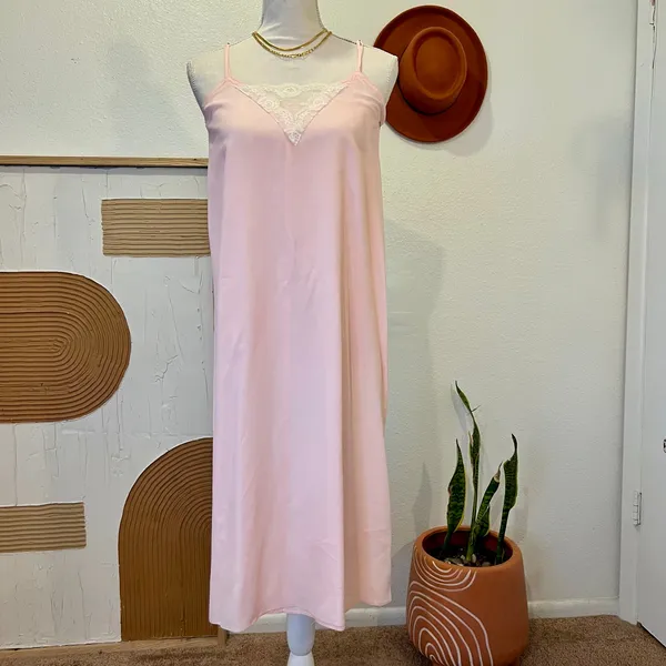 Vintage 1970s Handmade Pale Pink Lace Trim Silky Slip Lingerie Dress - XS - Image 3