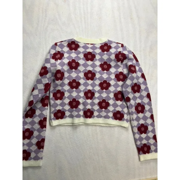 Lulus Floral‎ Checkerboard Sweater Long Sleeve Crewneck Ivory Lilac M New - Image 8