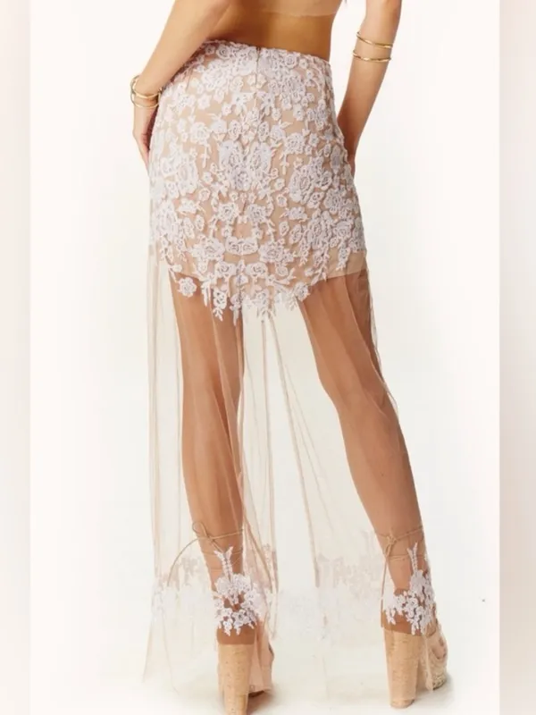 For Love and Lemons Vintage Luau Lace Mesh Nude White Maxi Skirt Medium $233 - Image 4