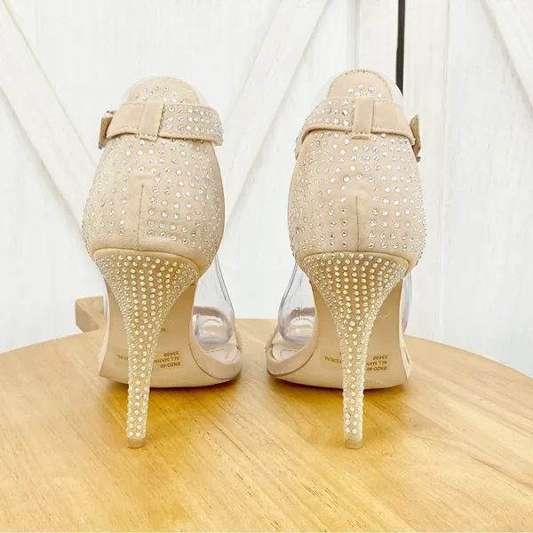 Anne Michelle Enzo‎ Rhinestone Faux Suede Strappy Heels Tan Open Toe 7.5 - Image 6