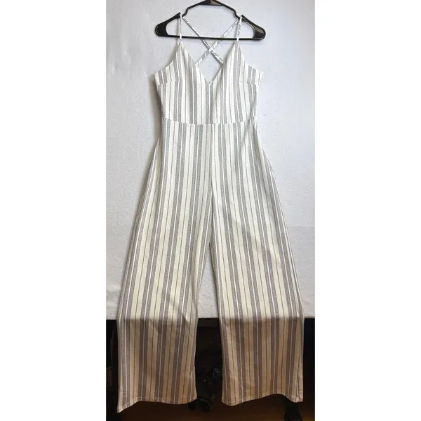 Love Tree Womens Wide Leg Jumpsuit White Black Striped Criss Cross Back Large - Image 3