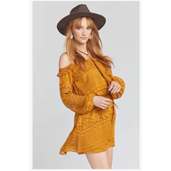 NWT Show Me Your Mumu Bess Lace Off Shoulder Boho Flowy Dress Mustard Yellow Med - Image 3