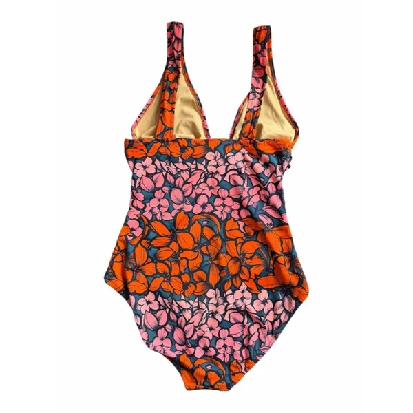 J.Crew Floral Ruched One Piece Swimsuit Pink Orange V Neck Size 8 Beach Resort - Image 4