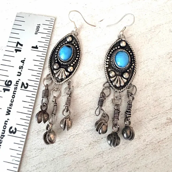 Vintage Tibetan Style Faux Turquoise Dangle Earrings Silver Tone Boho Festival E - Image 6