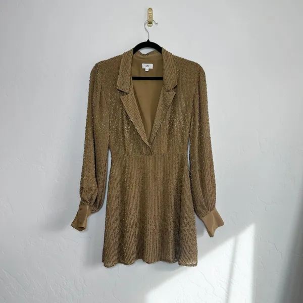 LPA | Beaded 61 V-Neck Mini Dress in Army Taupe Tan‎ size Small - Image 3