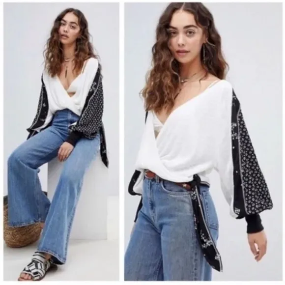 Free People Auxton Thermal Surplice Crossover Front Balloon Sleeves White size L - Image 2