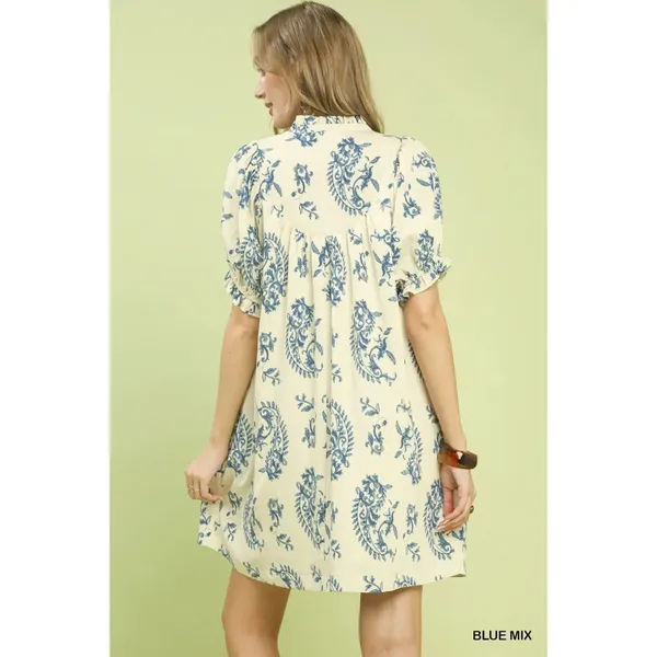 Umgee Mix Paisley Scallop Trim Dress - Blue Mix - Small - Image 3