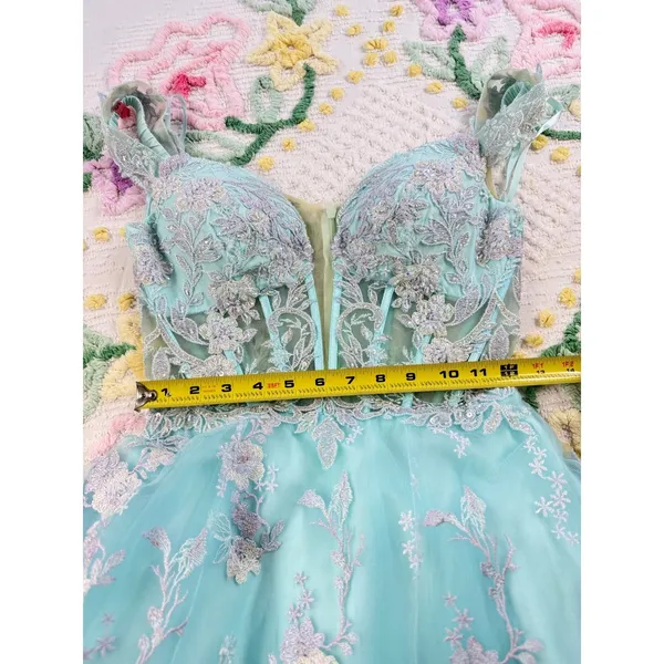 Morrell Maxie Size 4 Aqua White Floral Lace Off‎ Shoulder Formal Gown - Image 10