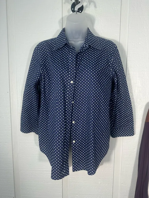 Lauren Ralph Lauren Blue and White Polka Dot Top Size Large EUC - Image 3