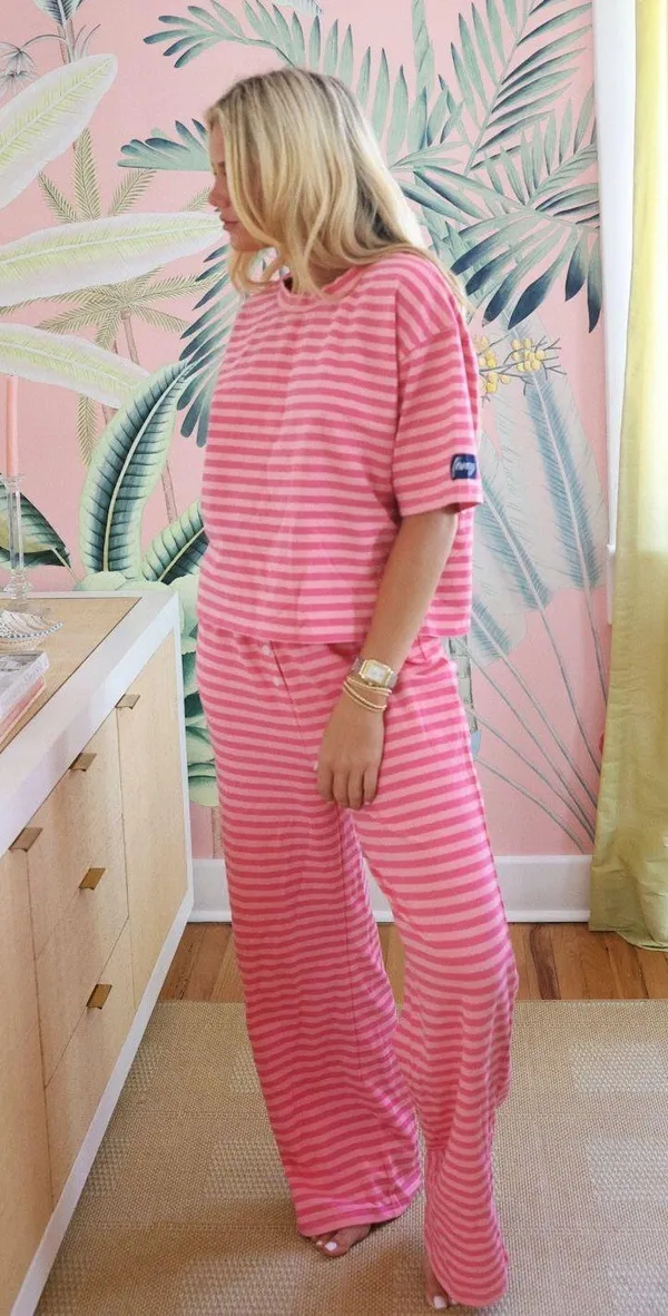 Striped Short Sleeve Top + Striped Button Pants Pink Size L - Image 4