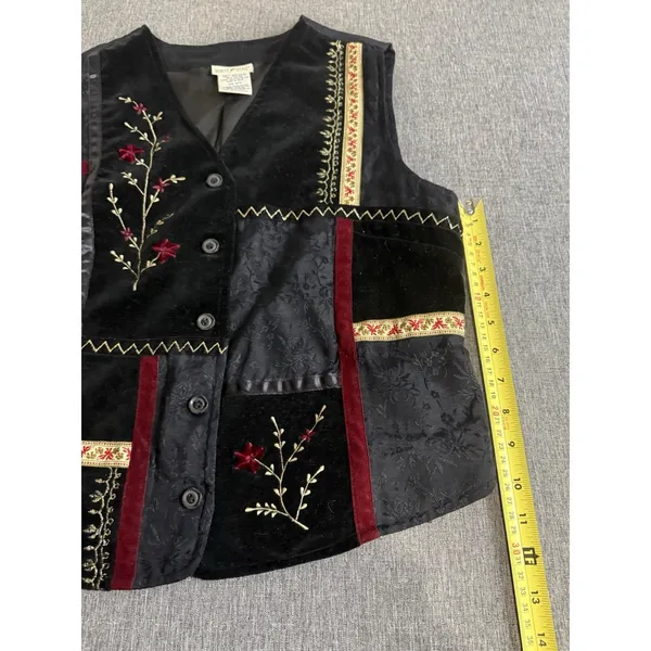 White Stag Womens Black Velvet Patchwork Floral Embroidered Cottage Core Vest S - Image 6