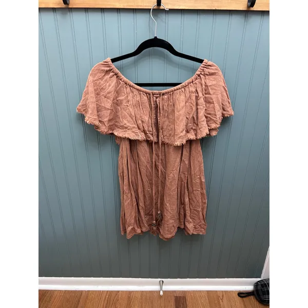 Free People Off The Shoulder Gauze Ruffle top‎ rust Fringe Boho - Image 4