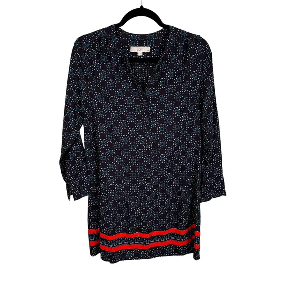 Loft Petite Navy Blue Medallion Print Shift Dress Coral Border SP Long‎ Sleeve - Image 3
