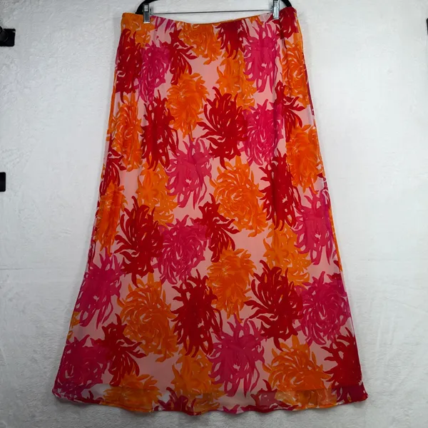 Cato 18W 20W Maxi Skirt Pink Orange Floral Burst Tropical Boho Flowy Beach Airy - Image 5